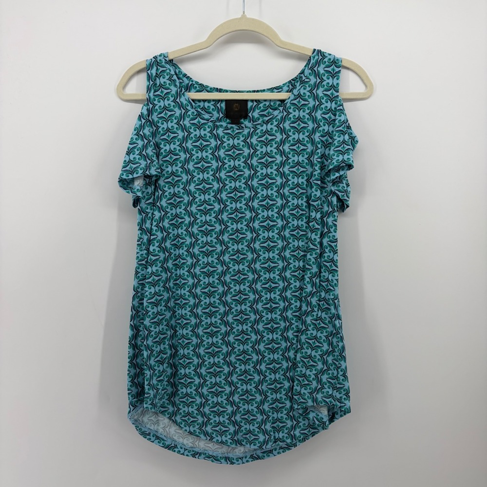 JM Collection Womens Small Blue Teal Cold Shoulder Top Geometric Print